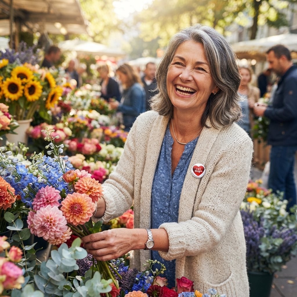 Vrouw met datingbutton op de bloemenmarkt
