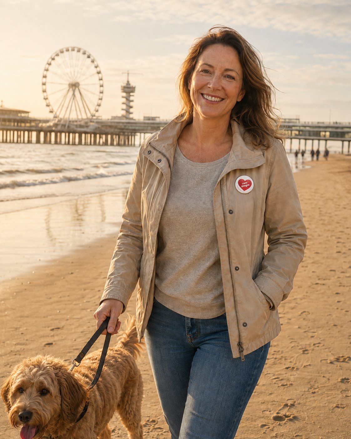 Vrouw met datingbutton op het strand
