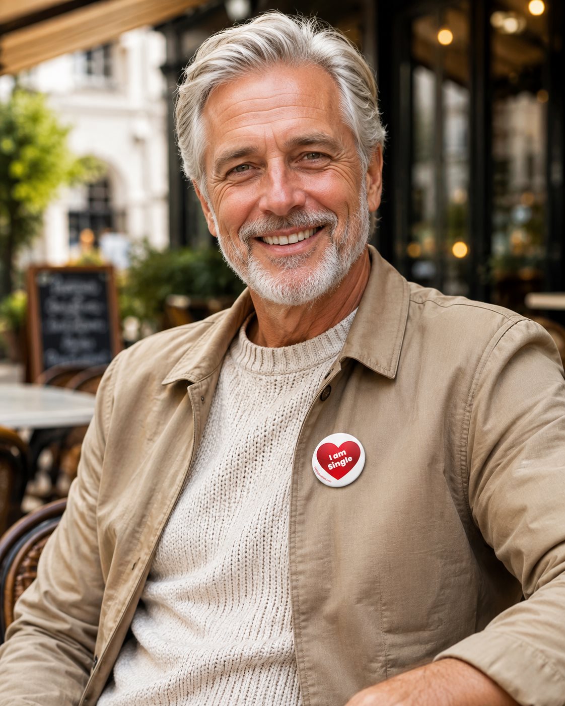 Man met datingbutton op een koffieterras